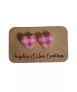 Pink Plaid Heart Wood Stud Earrings - $8.00