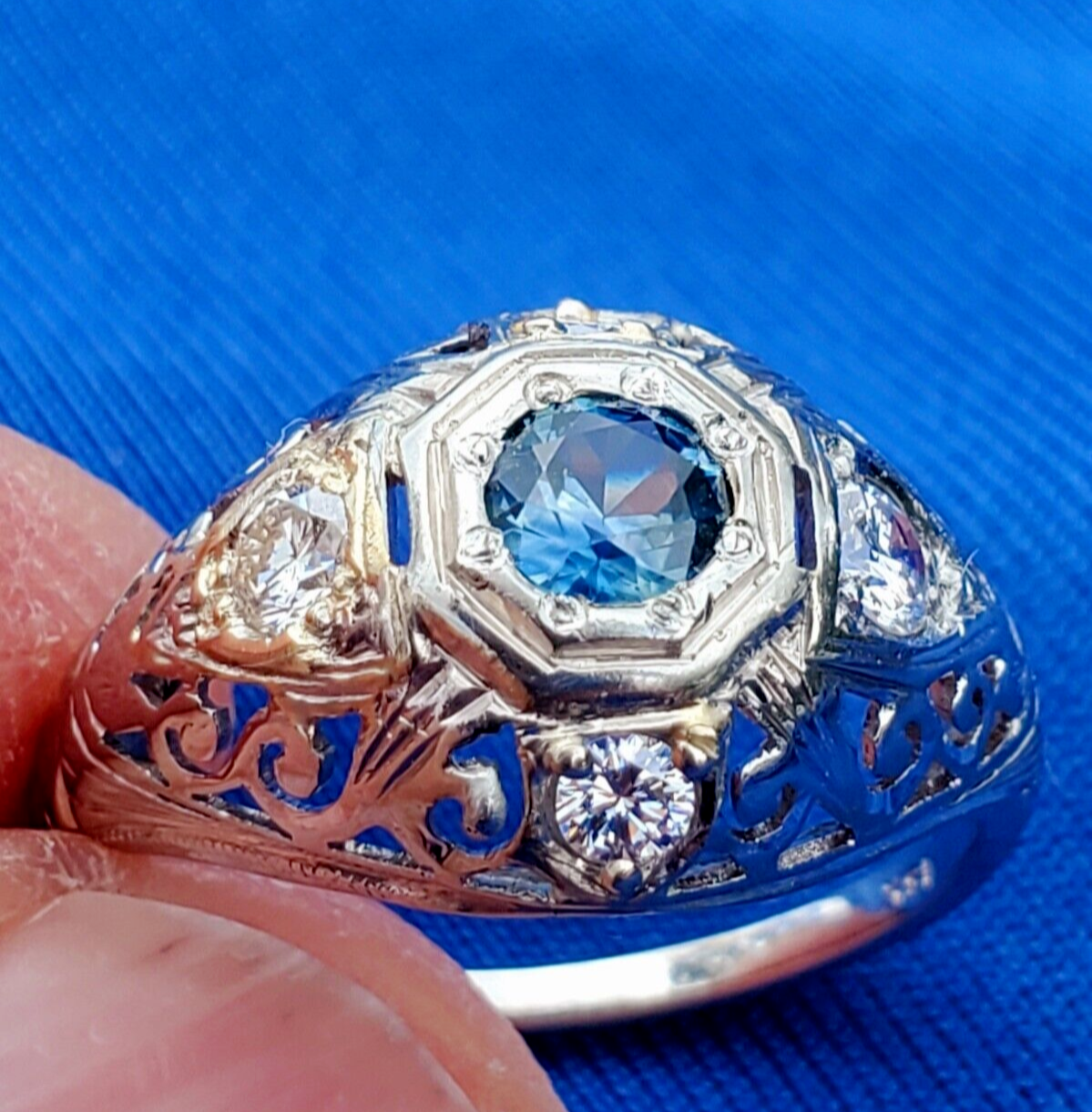 Earth mined Sapphire Diamond Deco Engagement Ring Vintage Solitaire 14k Gold Item image 7