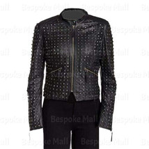 New Women&#39;s Black Punk Unique Silver Studded Zipper Cowhide Leather Jack... - £298.19 GBP