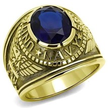 US Navy Gold Plated Stainless Steel Blue Crystal Mens Ring TK316 - £15.18 GBP