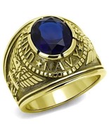 US Navy Gold Plated Stainless Steel Blue Crystal Mens Ring TK316 - £14.94 GBP