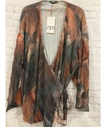 Zara Womens Size Large Pleated Kimono Wrap Top Black Brown Print Flowy NWT  - $29.39