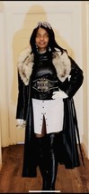 Custom Opera style belted Fox fur trim Black Leather Trenchcoat Jacket  S-M - £154.79 GBP