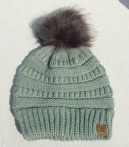 Kids Winter Beanie Hat Jade green Knit with Faux fur Pom Soft Stretchy W... - $8.59