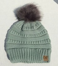 Kids Winter Beanie Hat Jade green Knit with Faux fur Pom Soft Stretchy W... - £6.64 GBP