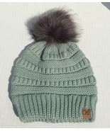 Kids Winter Beanie Hat Jade green Knit with Faux fur Pom Soft Stretchy W... - £6.84 GBP