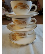 3 Vintage Homer Laughlin Golden Wheat 22k Gold Rim Tea Cup and Saucer Se... - $23.76