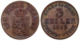 1859 Allemand États Hesse-Cassel 3 Heller En Au État Km #612 - $81.33 CAD