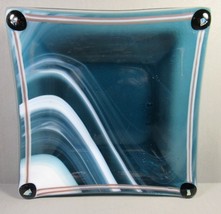 Recycled Art Glass Square Dish-Trinket Dark Blue Teal with White Bands 6&quot;. - £7.85 GBP