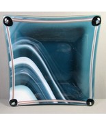 Recycled Art Glass Square Dish-Trinket Dark Blue Teal with White Bands 6&quot;. - £7.71 GBP