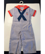 Vintage DOE-SPUN Navy Sailor One Piece Boys Short Sleeve White Blue Red ... - $12.29 CAD