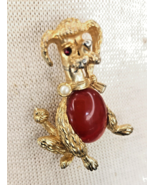 Vintage Gold tone Poodle Dog Orange Jelly Belly Brooch Pin w/crystals/Pearl - £11.56 GBP