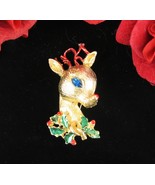 SAD Poor REINDEER Christmas PIN Vintage Brooch Blue Rhinestone Enamel Ho... - $21.55 CAD
