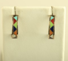 Vintage Zuni Multi Stone Triangle Sterling Silver Half Hoops Earrings - £53.04 GBP
