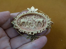 (CL11-8) Family of DEER Buck Mama baby pink + white oval CAMEO brass Pin Pendant - £29.13 GBP
