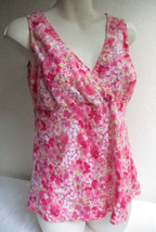 Garnet Hill 100% Linen Pleated Yoked Top Blouse Pink Floral 4 Petite 4P - $28.49