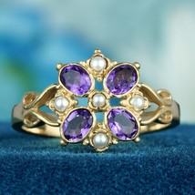 Natural Amethyst and Pearl Vintage Style Floral Cluster Ring in Solid 9K Gold - £439.09 GBP