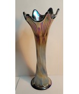 Fenton 11.5&quot; Tall Blue Iridescent Carnival Glass Vase Fluted &amp; Ribbed - $43.00