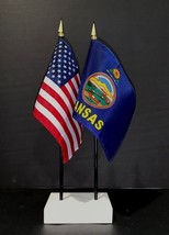 1 American &amp; 1 Kansas Mini Rayon 4&quot;x6&quot; Desk Flag Set with White 2-Hole Base - $13.95