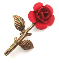 Vintage Gold Metal Rose Flower Brooch Pin with Red Dimensional Bloom - £7.90 GBP