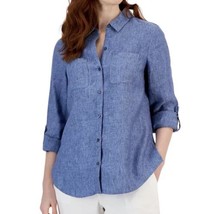 Charter Club Chambray Linen Button Up Shirt Size Petite Blue Roll Tab Sleeve - £7.82 GBP