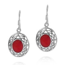 Bali Style Filigree Oval Red Coral Tribal Dangle Sterling Silver Earrings - £16.14 GBP