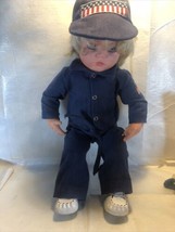 Vintage Boy Doll Blonde Hair Blue Eyes Sleeping Eyes 20” Denim Overalls Hat Shoe - $31.19