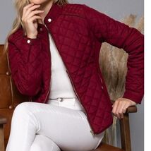 Suede Piping Detail Knit Rib Quilted Padding Jacket Dark Wine Small - $44.55