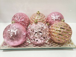 Christmas Pink Gold Plastic 4.5&quot; Glitter Tree Ornaments Home Decor Set of 6 - £19.94 GBP
