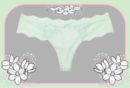 S Misty Jade Green Foil SHIMMER Lace Dream Angels Victoria&#39;s Secret Thong Panty - £10.35 GBP