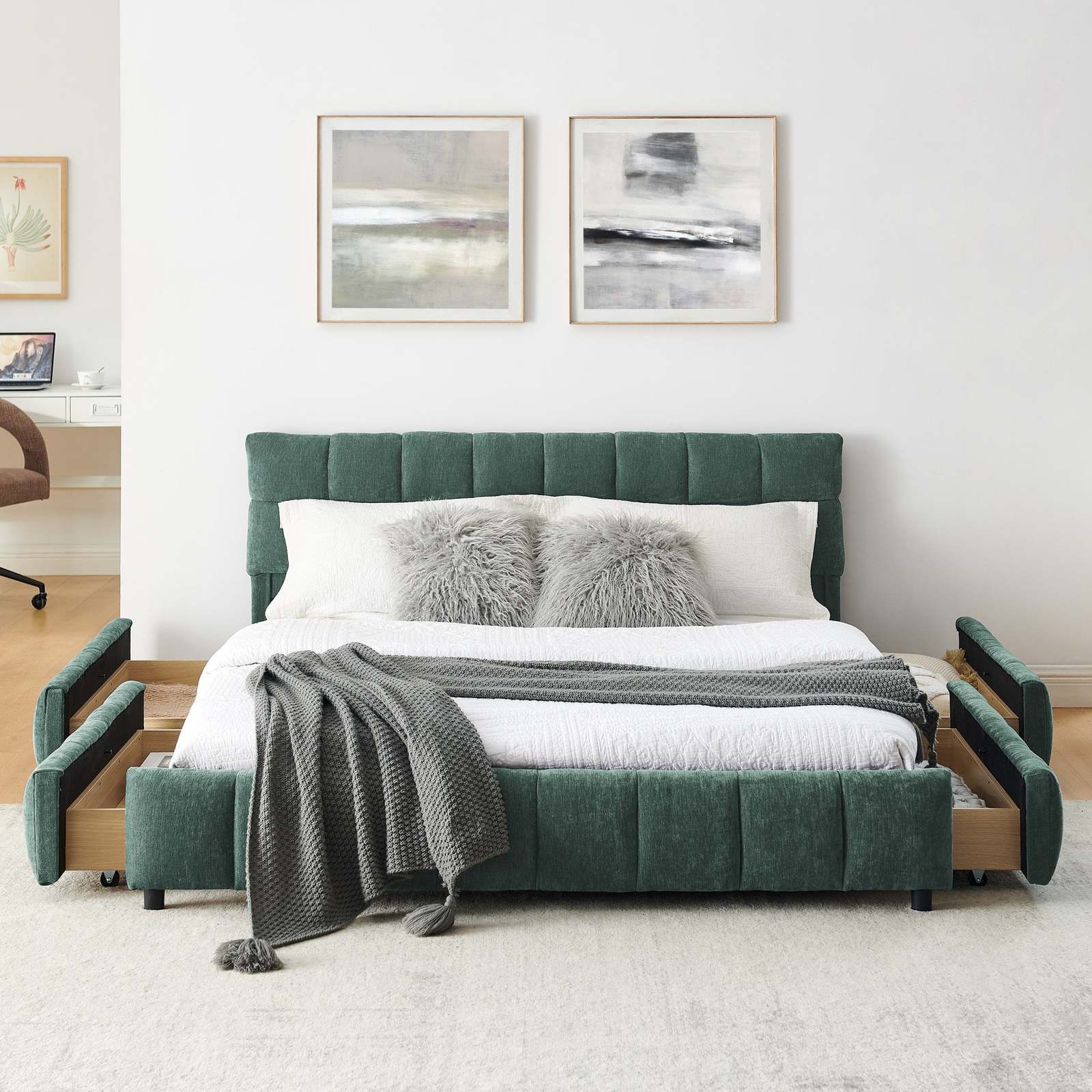 Modern Green Queen Upholstered Bed w/ Storage Drawer, Chenille Fabric Item image 7