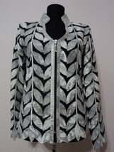 V Neck White Snake Pattern Real Leather Leaf Jacket Womens All Sizes Zip Lamb D8 - £177.78 GBP