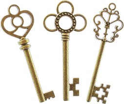 3 Large Skeleton Key Pendants Antiqued Gold Assorted Steampunk Charms Set - £3.67 GBP