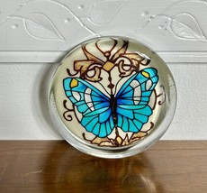 Vintage Glass Paperweight Butterfly stained glass painted style Round 3.5&quot; - $21.99