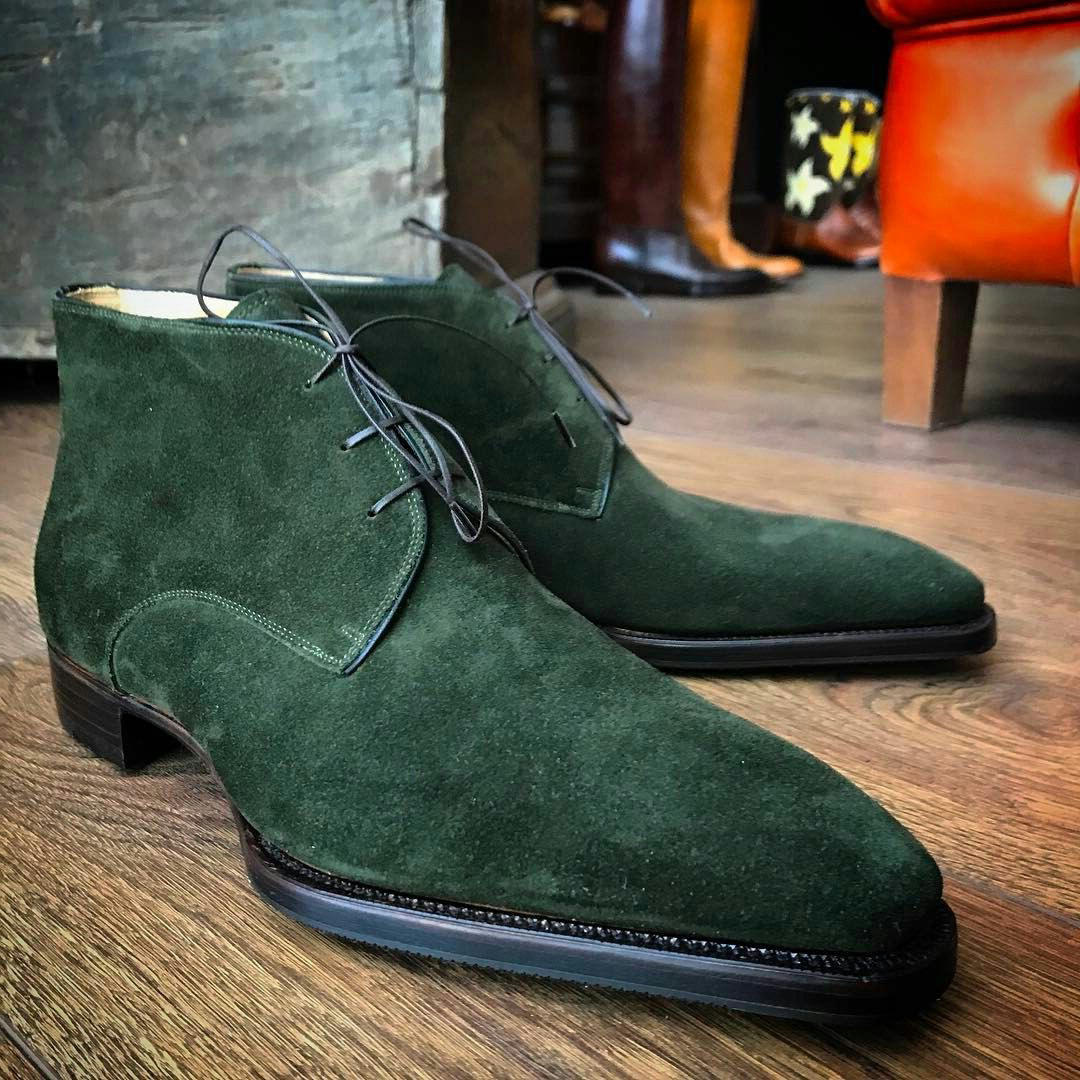 NEW Handmade Men's Green Color Designer boot, Men's Lace Up Chukka Suede Dress b