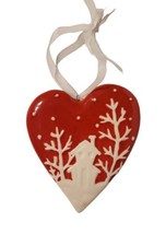 Vintage Red &amp; White Glazed Porcelain Heart Shape Ornament Winter Scene MINT! - £15.94 GBP