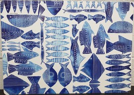 Set of 3 Same Plastic Non Clear Kitchen Placemats, 13&quot;x18&quot;, BLUE FISH, Abbott - £12.62 GBP