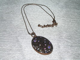 Estate Copper Colored Snake Chain w Oval Filigree &amp; Aurora Borealis Rhinestone - $8.59