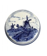 Delfts Blue Holland Windmill Trinket Box 5&quot; Round Covered Hand Painted C... - $17.10