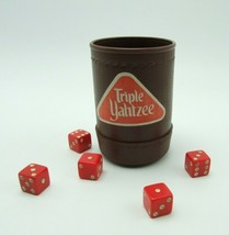Triple Yahtzee Brown Shaker 5 Red Dice Replacement Game Parts Pieces 197... - $6.23