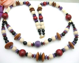 Carved Elephant Beads Necklace Vintage Strand &amp; Half Big Colorful Wood Beaded - £21.22 GBP