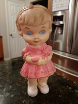 1950s Vintage Edward Mobley 8&quot; Baby Girl Blue Eyes Pink Dress Doll W Teddy Bear - £18.44 GBP