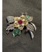 Vintage Style Floral Brooch Pearl Accents Red Center Green Leaf Rhinesto... - $26.00 CAD