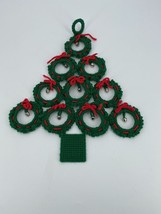 Vintage Handmade Needlework Crochet Christmas Tree 12x14 Green w/Red Bows - $9.46