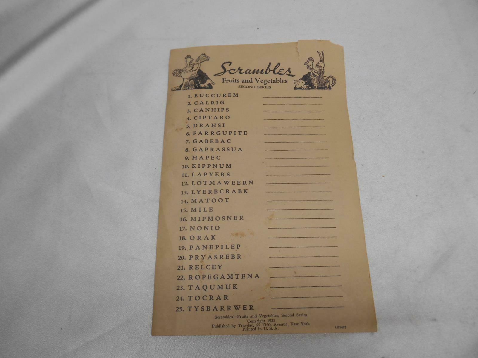 Antique 1935 TRAYDAC SCRAMBLES ANAGRAMS SCRABBLE PUZZLE SHEET FRUITS VEGETABLES - $19.79