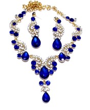 Blue Statement Necklace, Necklace Earring Set, Colorful Crystal Necklace, Rhines - £34.54 GBP