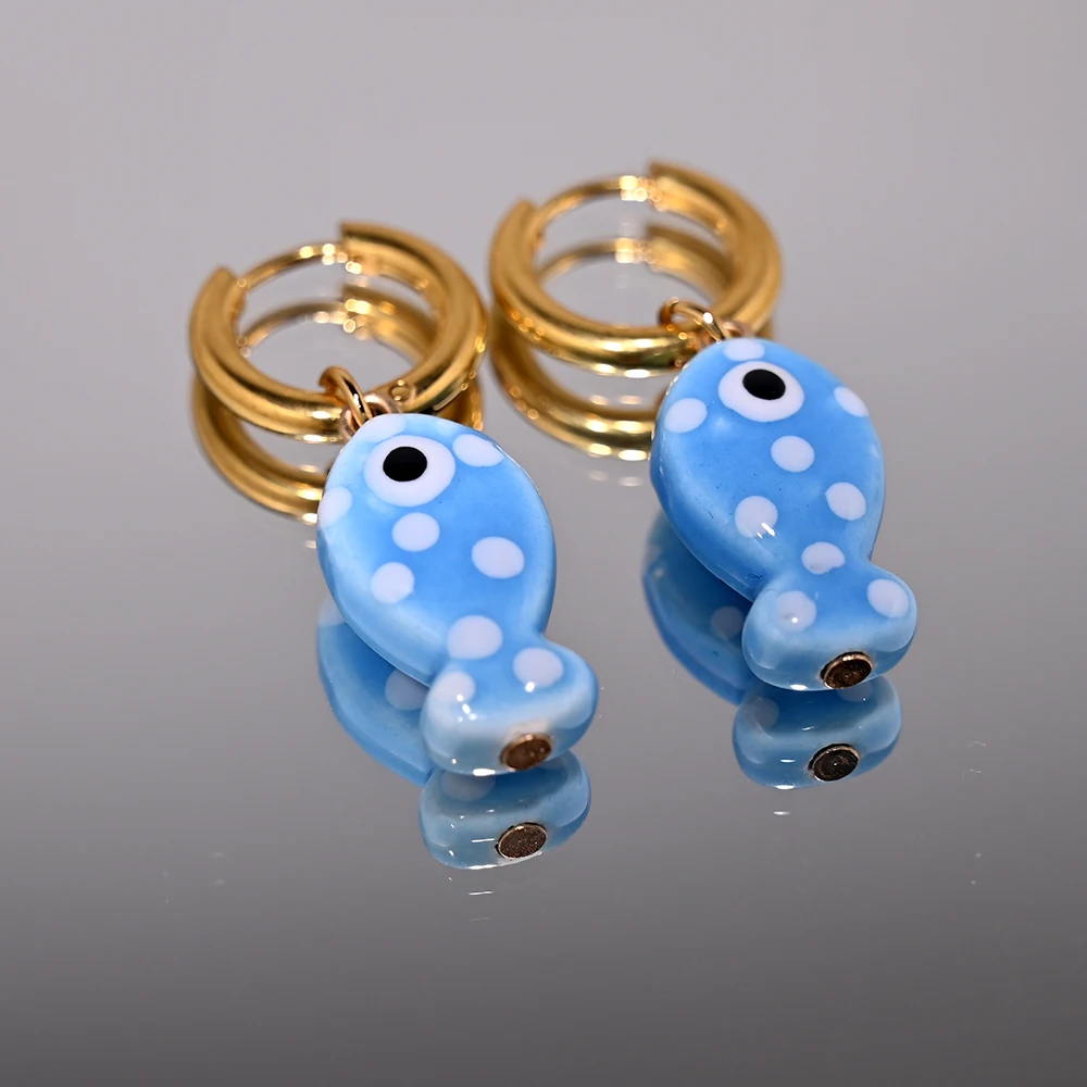 Ceramic Fish Pendant Golden Stainless Steel Hoop Earrings for Women 25xh... - $5.16