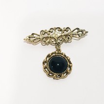 Black Faux Stone Dangle Brooch Vintage Gold Tone Scroll Design Pin  2&quot; - $17.82