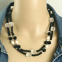 Retro Vintage Signed Avon Faux Pearl Black Clear Acrylic Beaded Necklace... - $13.86