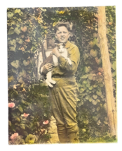 Young Boy &amp; Cat 8&quot; x 10&quot; Color Transparency Photograph Garden WWI Era Uniform - £33.02 GBP